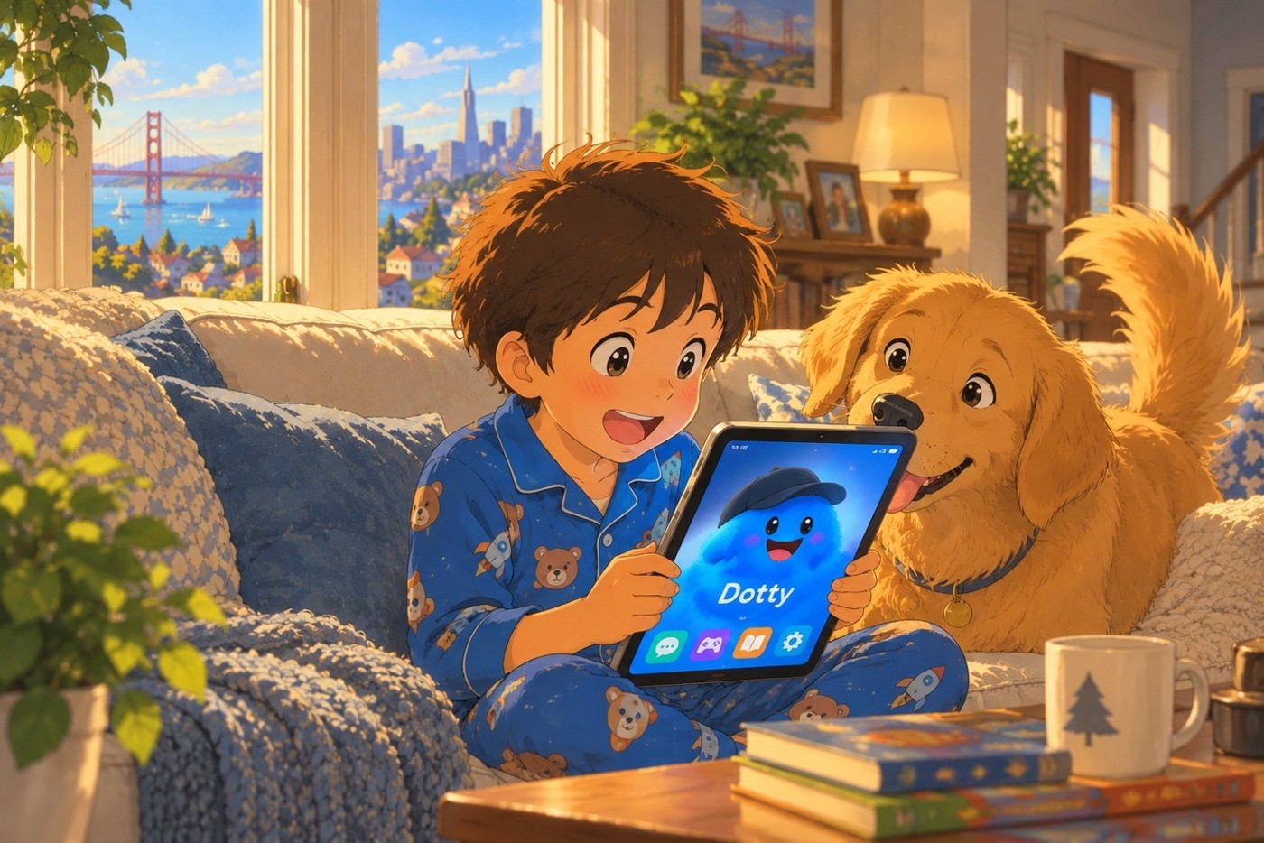 Cooper meeting Dotty on his tablet beside his golden dog